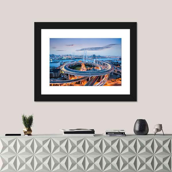 Nanpu Bridge At Dusk Canvas Wall Art-1 Piece-Framed Print-20&quot; x 16&quot;-Tiaracle