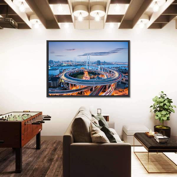 Nanpu Bridge At Dusk Canvas Wall Art-3 Horizontal-Gallery Wrap-25" x 16"-Tiaracle