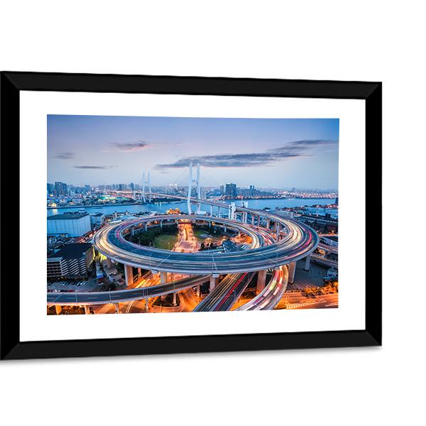 Nanpu Bridge At Dusk Canvas Wall Art-3 Horizontal-Gallery Wrap-25" x 16"-Tiaracle