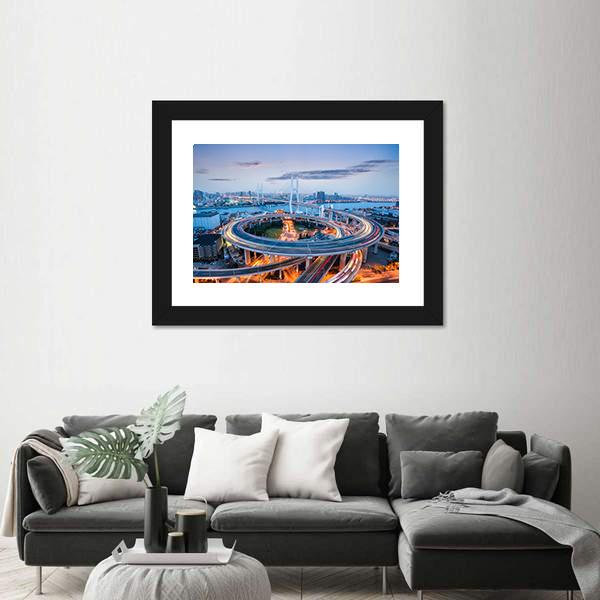 Nanpu Bridge At Dusk Canvas Wall Art-5 Horizontal-Gallery Wrap-22" x 12"-Tiaracle