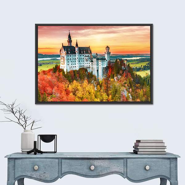 Neuschwanstein Castle In Autumn Canvas Wall Art-1 Piece-Floating Frame-24" x 16"-Tiaracle