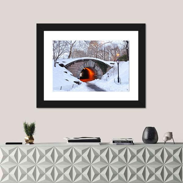 New York City Manhattan Central Park In Winter With Bridge Canvas Wall Art-1 Piece-Framed Print-20" x 16"-Tiaracle