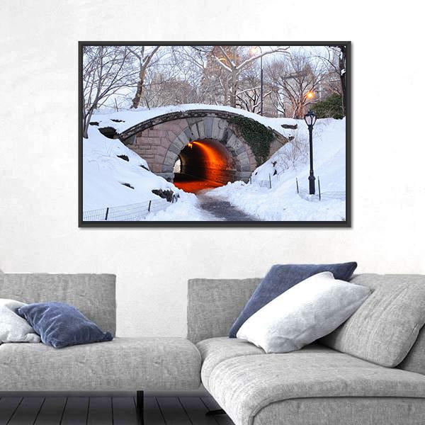 New York City Manhattan Central Park In Winter With Bridge Canvas Wall Art-5 Horizontal-Gallery Wrap-22" x 12"-Tiaracle