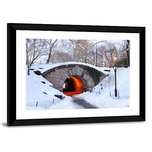 New York City Manhattan Central Park In Winter With Bridge Canvas Wall Art-5 Horizontal-Gallery Wrap-22" x 12"-Tiaracle