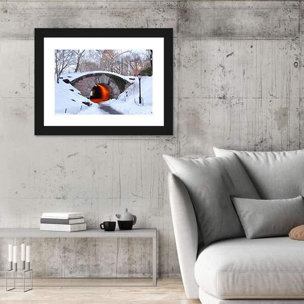 New York City Manhattan Central Park In Winter With Bridge Canvas Wall Art-5 Horizontal-Gallery Wrap-22" x 12"-Tiaracle