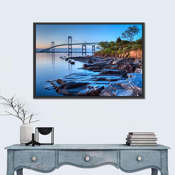 Newport Bridge From Taylor Canvas Wall Art-1 Piece-Floating Frame-36" x 24"-Tiaracle