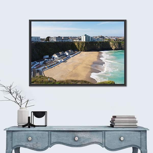Newquay Beach Of Tolcarne Canvas Wall Art-1 Piece-Floating Frame-36" x 24"-Tiaracle