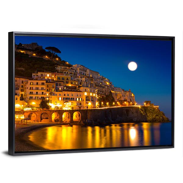 Night View Of Amalfi Cityscape Canvas Wall Art-5 Horizontal-Gallery Wrap-22" x 12"-Tiaracle