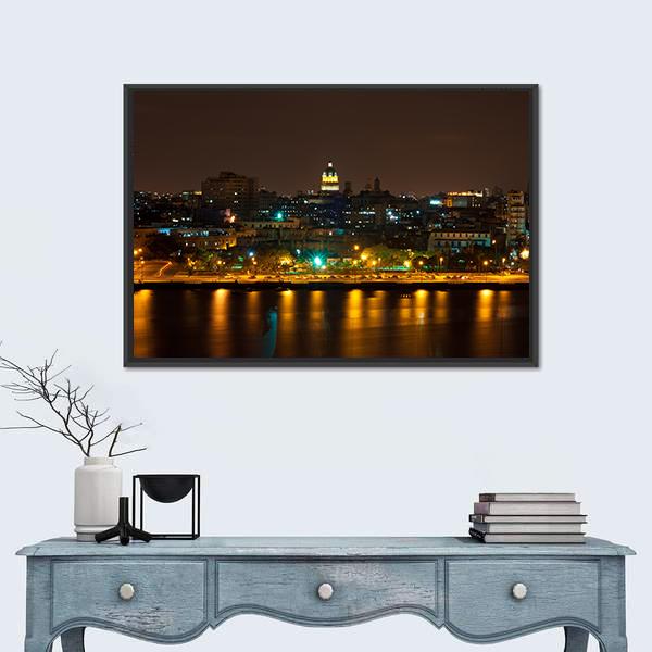 Night View Of Havana Canvas Wall Art-1 Piece-Floating Frame-24" x 16"-Tiaracle