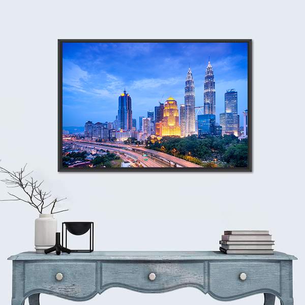 Night View Of Kuala Lumpur Canvas Wall Art-1 Piece-Floating Frame-24" x 16"-Tiaracle
