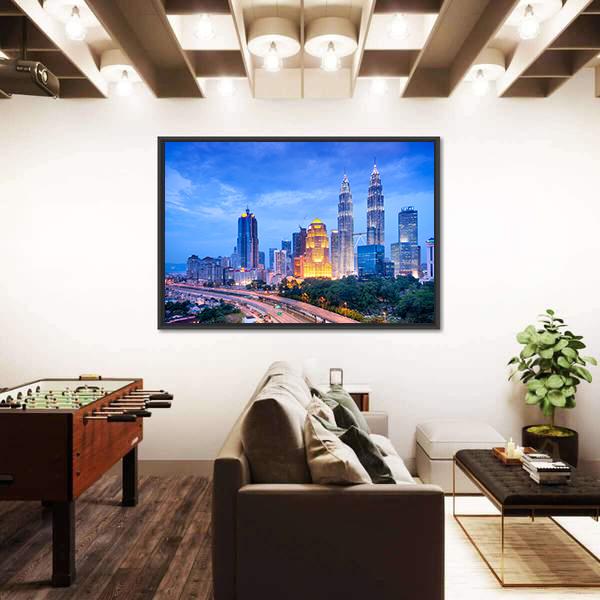 Night View Of Kuala Lumpur Canvas Wall Art-5 Horizontal-Gallery Wrap-22" x 12"-Tiaracle