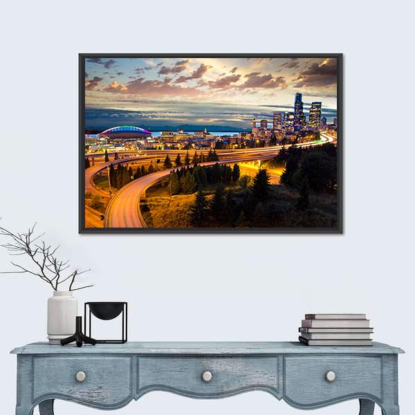 Night View Of Seattle Canvas Wall Art-1 Piece-Floating Frame-36" x 24"-Tiaracle