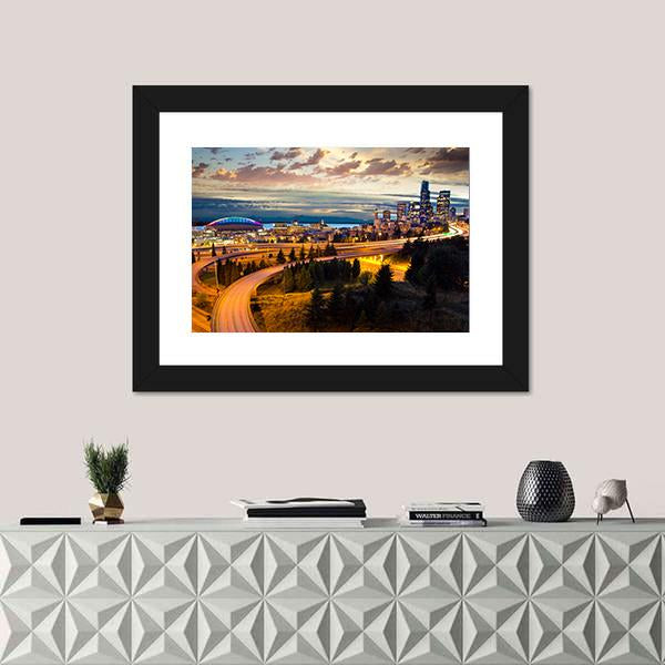 Night View Of Seattle Canvas Wall Art-1 Piece-Framed Print-30" x 20"-Tiaracle