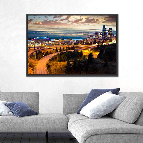 Night View Of Seattle Canvas Wall Art-5 Horizontal-Gallery Wrap-22" x 12"-Tiaracle