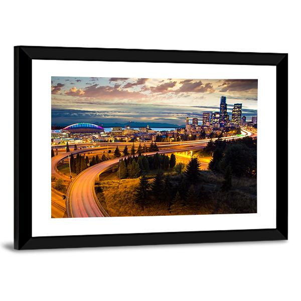 Night View Of Seattle Canvas Wall Art-5 Horizontal-Gallery Wrap-22" x 12"-Tiaracle