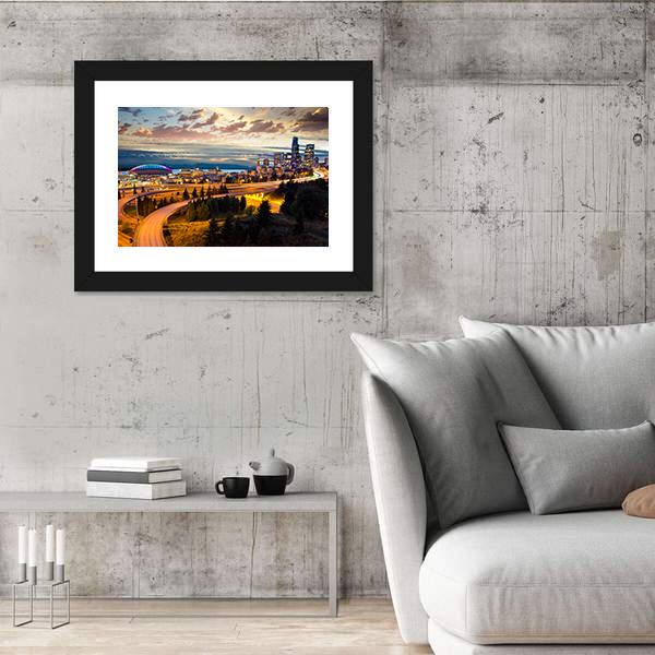 Night View Of Seattle Canvas Wall Art-5 Horizontal-Gallery Wrap-22" x 12"-Tiaracle