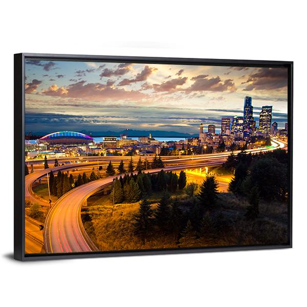Night View Of Seattle Canvas Wall Art-5 Horizontal-Gallery Wrap-22" x 12"-Tiaracle