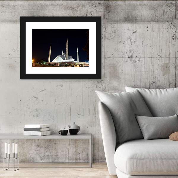 Night View Of Shah Faisal Mosque Canvas Wall Art-5 Horizontal-Gallery Wrap-22" x 12"-Tiaracle