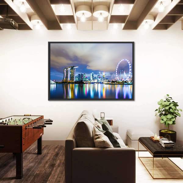 Night View Of Singapore Skyline Canvas Wall Art-5 Horizontal-Gallery Wrap-22" x 12"-Tiaracle