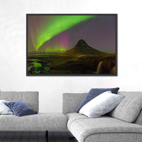 Northern Light Over Kirkjufell Volcano Canvas Wall Art-5 Horizontal-Gallery Wrap-22" x 12"-Tiaracle