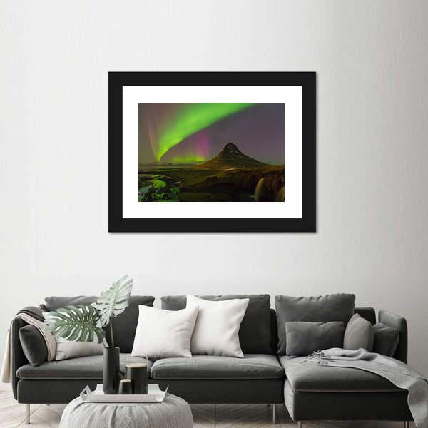 Northern Light Over Kirkjufell Volcano Canvas Wall Art-5 Horizontal-Gallery Wrap-22" x 12"-Tiaracle