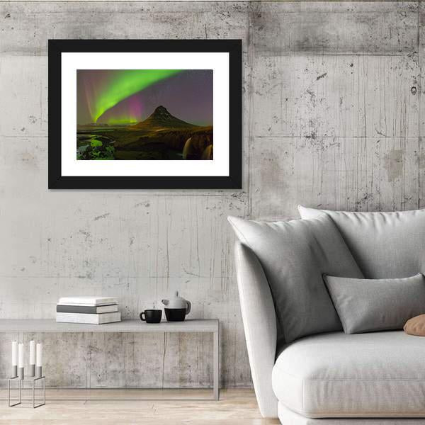 Northern Light Over Kirkjufell Volcano Canvas Wall Art-5 Horizontal-Gallery Wrap-22" x 12"-Tiaracle