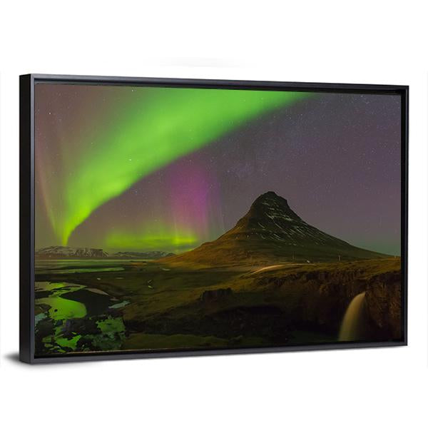 Northern Light Over Kirkjufell Volcano Canvas Wall Art-5 Horizontal-Gallery Wrap-22" x 12"-Tiaracle