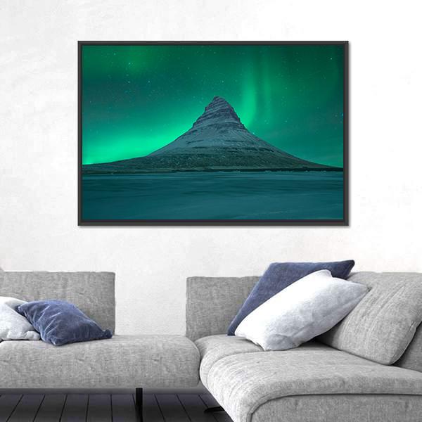 Northern Lights At Mount Kirkjufell Canvas Wall Art-5 Horizontal-Gallery Wrap-22" x 12"-Tiaracle