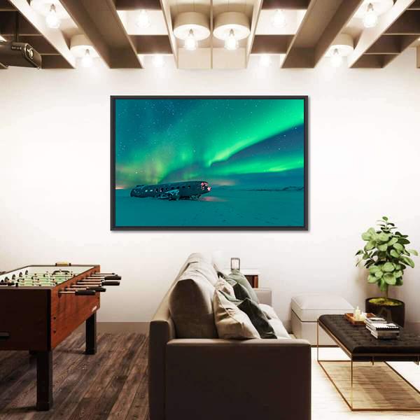 Northern Lights Over Plane Wreck Canvas Wall Art-5 Horizontal-Gallery Wrap-22" x 12"-Tiaracle