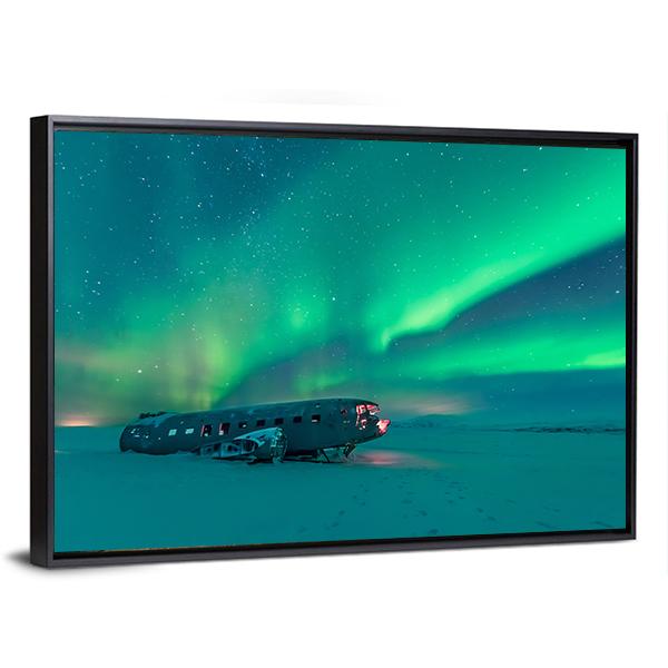 Northern Lights Over Plane Wreck Canvas Wall Art-5 Horizontal-Gallery Wrap-22" x 12"-Tiaracle