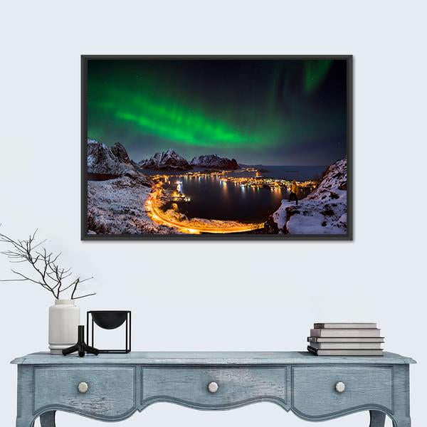 Northern Lights Over Reine Canvas Wall Art-1 Piece-Floating Frame-24" x 16"-Tiaracle