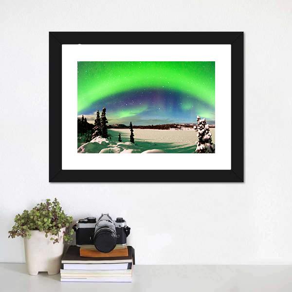 Northern Lights Over Snowy Landscape Canvas Wall Art-1 Piece-Framed Print-20" x 16"-Tiaracle