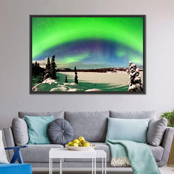 Northern Lights Over Snowy Landscape Canvas Wall Art-5 Horizontal-Gallery Wrap-22" x 12"-Tiaracle