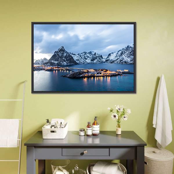 Norway At Blue Hour Canvas Wall Art-1 Piece-Floating Frame-24" x 16"-Tiaracle