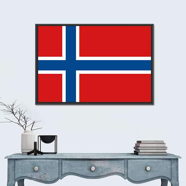 Norway Flag Canvas Wall Art in white, red and blue, framed canvas, product view on a white background