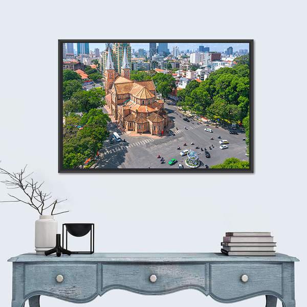 Notre Dame Cathedral Aerial View Canvas Wall Art-1 Piece-Floating Frame-36" x 24"-Tiaracle