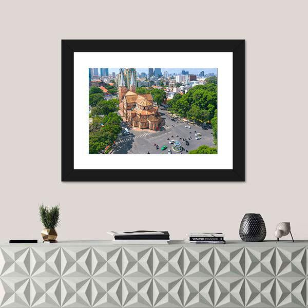 Notre Dame Cathedral Aerial View Canvas Wall Art-1 Piece-Framed Print-42" x 14"-Tiaracle