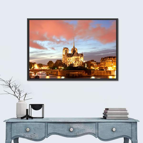 Notre Dame De Paris In Evening Canvas Wall Art-1 Piece-Floating Frame-36" x 24"-Tiaracle