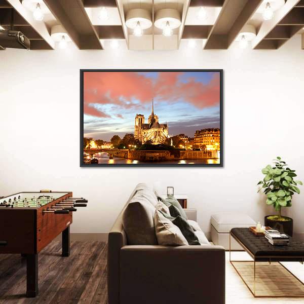 Notre Dame De Paris In Evening Canvas Wall Art-5 Horizontal-Gallery Wrap-22" x 12"-Tiaracle
