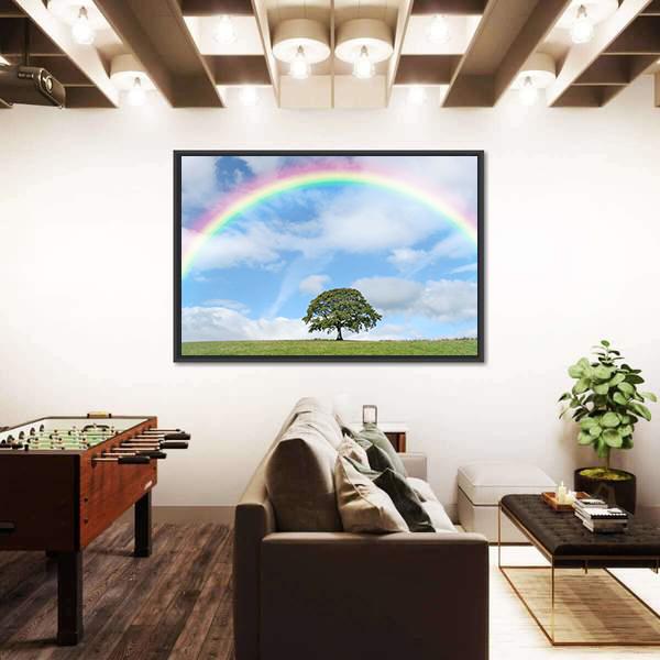 Oak Tree Under Rainbow Canvas Wall Art-5 Horizontal-Gallery Wrap-22" x 12"-Tiaracle
