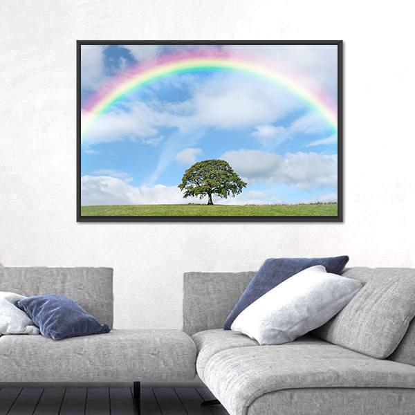 Oak Tree Under Rainbow Canvas Wall Art-5 Horizontal-Gallery Wrap-22" x 12"-Tiaracle
