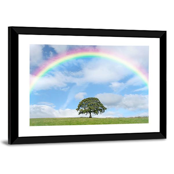 Oak Tree Under Rainbow Canvas Wall Art-5 Horizontal-Gallery Wrap-22" x 12"-Tiaracle