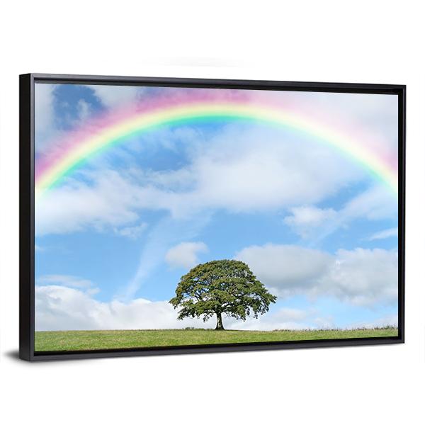 Oak Tree Under Rainbow Canvas Wall Art-5 Horizontal-Gallery Wrap-22" x 12"-Tiaracle