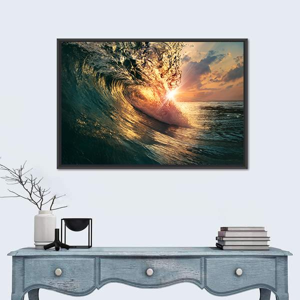 Ocean Wave At Sunset Time Canvas Wall Art-1 Piece-Floating Frame-36" x 24"-Tiaracle