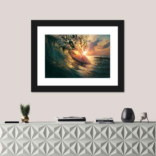 Ocean Wave At Sunset Time Canvas Wall Art-1 Piece-Framed Print-42" x 14"-Tiaracle
