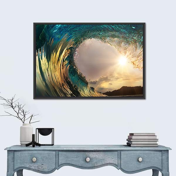 Ocean Wave Breaking At Sunset Canvas Wall Art-1 Piece-Floating Frame-24" x 16"-Tiaracle