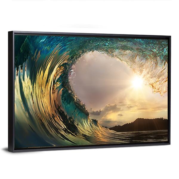 Ocean Wave Breaking At Sunset Canvas Wall Art-3 Horizontal-Gallery Wrap-25" x 16"-Tiaracle