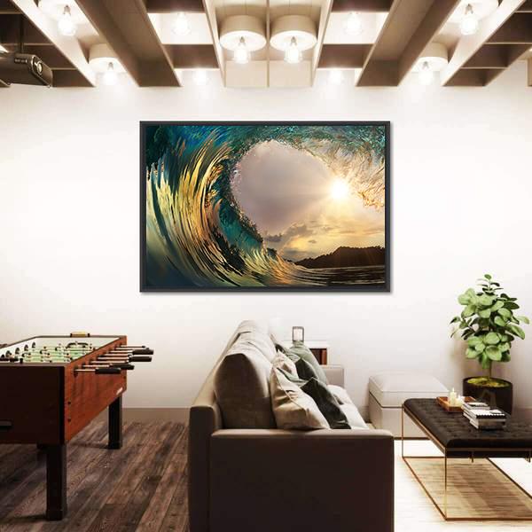 Ocean Wave Breaking At Sunset Canvas Wall Art-3 Horizontal-Gallery Wrap-25" x 16"-Tiaracle