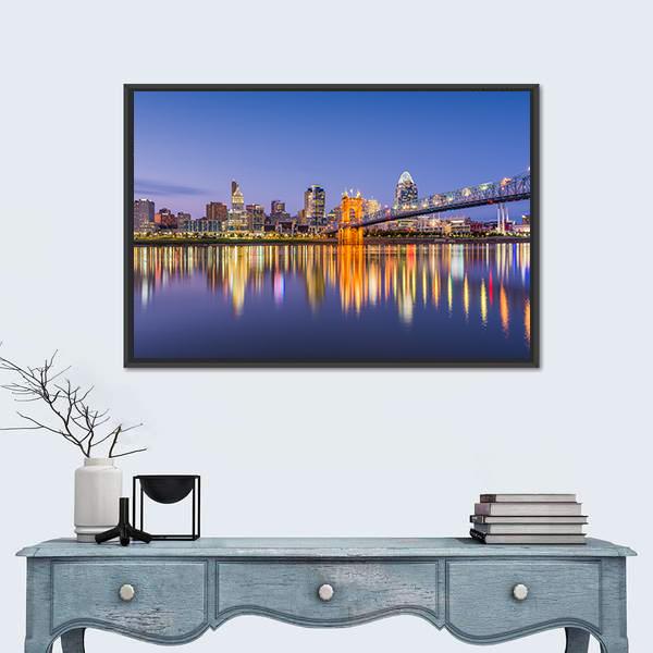 Ohio Skyline On River Canvas Wall Art-1 Piece-Floating Frame-24" x 16"-Tiaracle