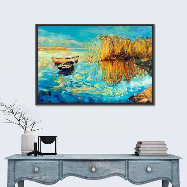 Oil Painting Of Boats Canvas Wall Art-1 Piece-Floating Frame-24" x 16"-Tiaracle